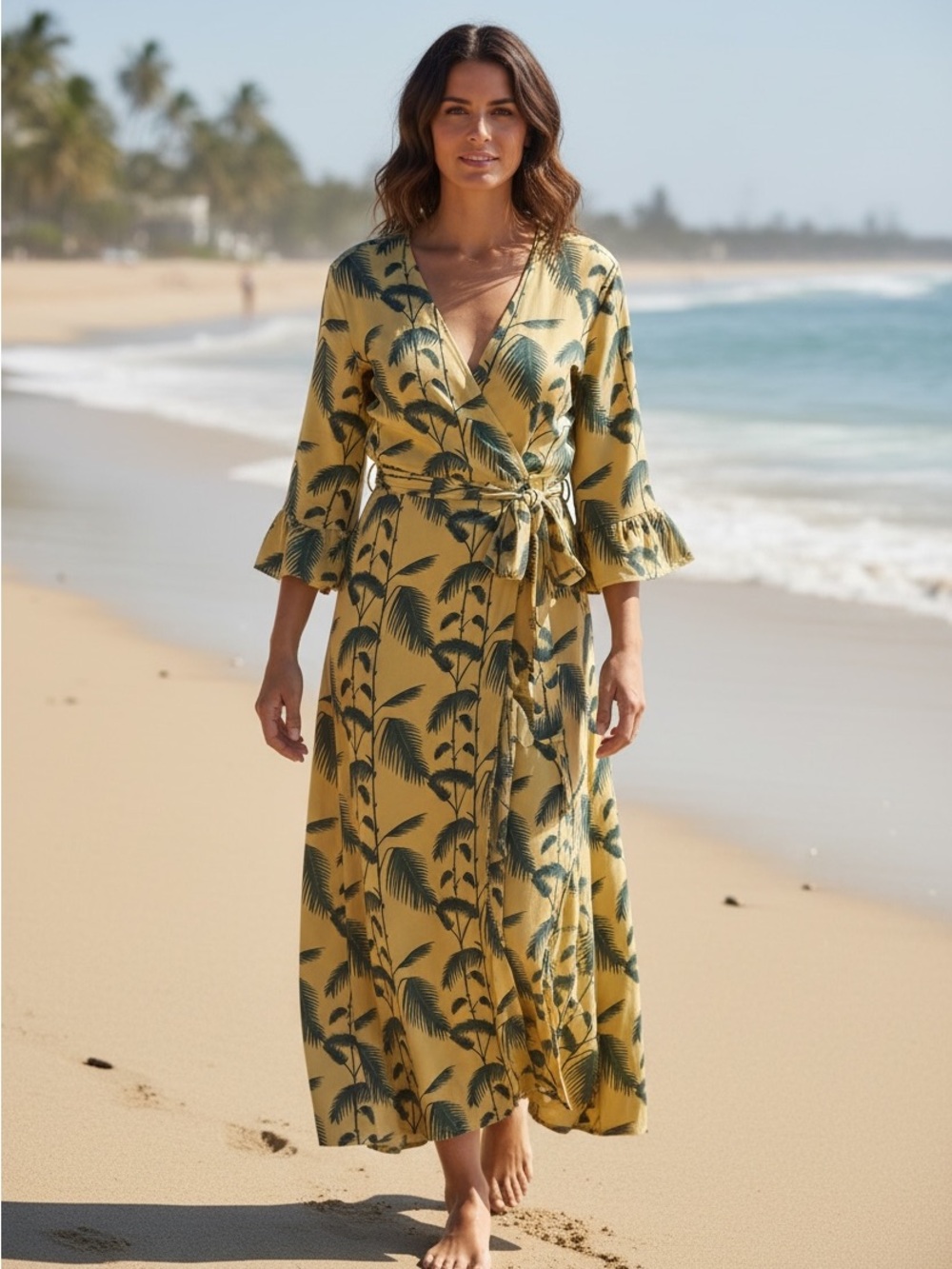 Gypsy Luxe Barcelona Wrap Dress in Soft Yellow Palm Print